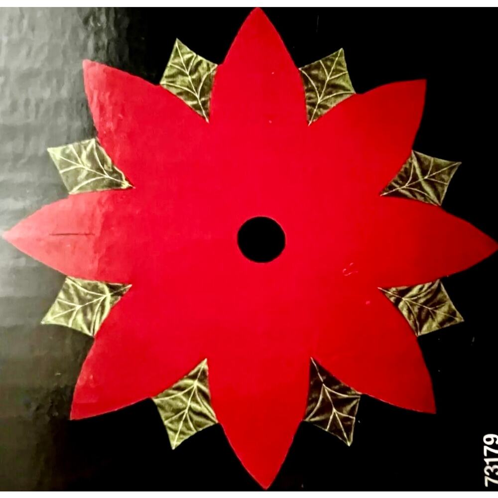 Red Velvet Christmas Tree Skirt Green Poinsettia leaves with Gold‎ stitching 52”